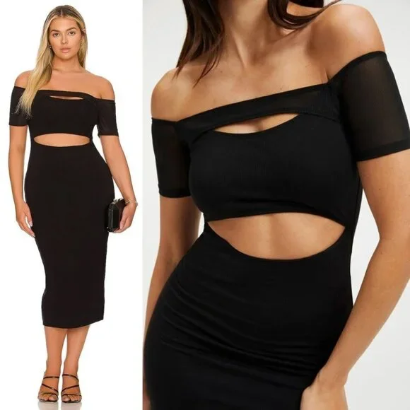 NEW Good American Off the Shoulder Cut Out Mesh Midi Dress Black - Picture 2 of 14
